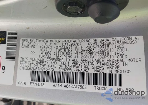 2007 Toyota Tacoma Prerunner V6 from USA, damaged, VIN 3TMJU62N67M045472